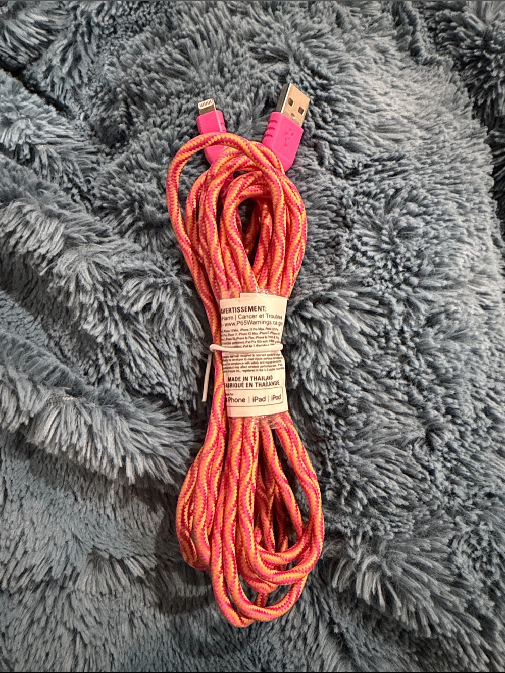 Braided Pink and Orange Lightning Charging Cable for iPhone/iPad